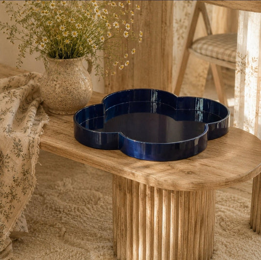 Navy Blue Clover Timber Large Round Serving Tray 50cm - Cobblestone Australia