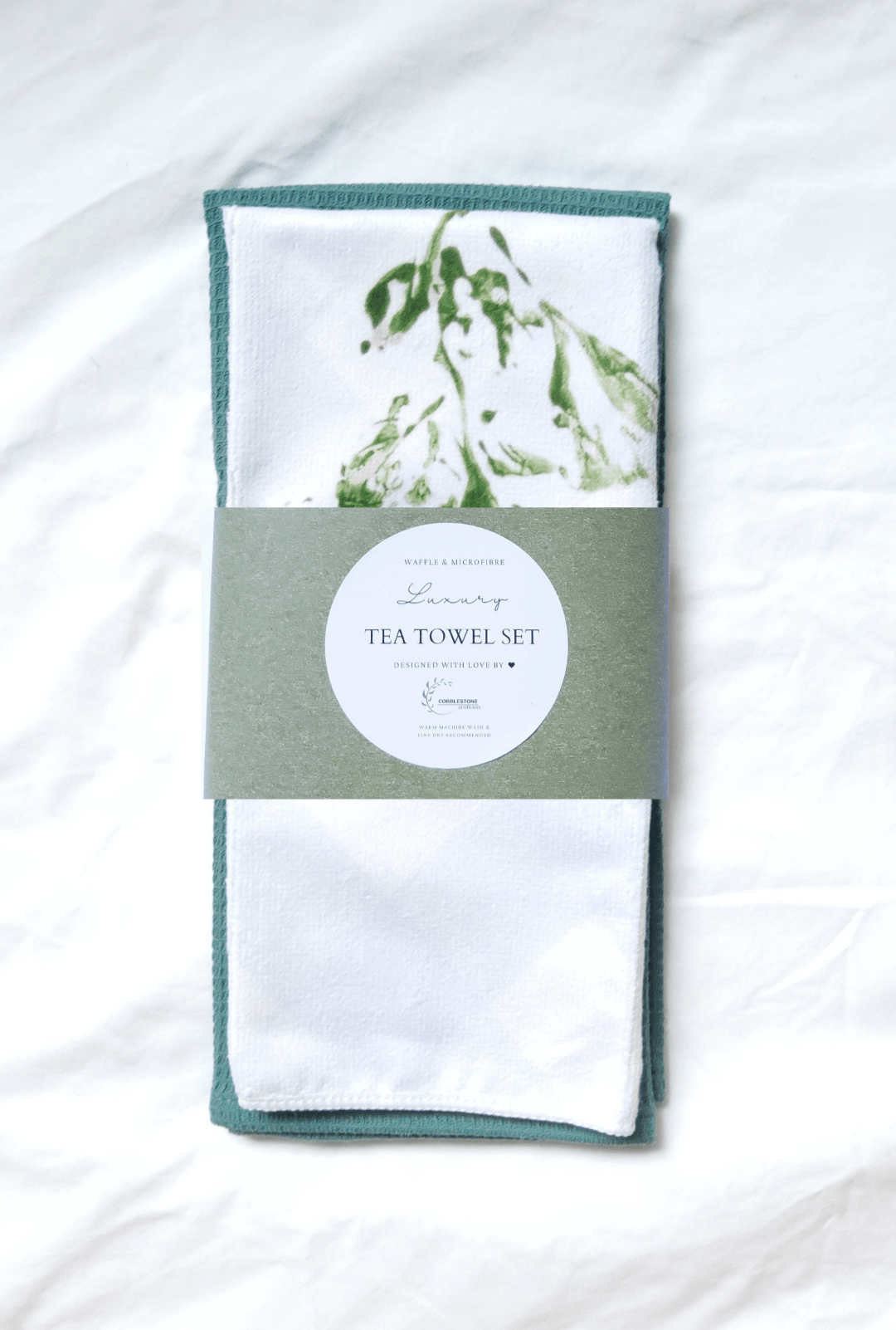 Pale Blue Gingham & Basil Pattern Microfibre & Green Waffle Tea Towel Set 40x60cm - Cobblestone Australia
