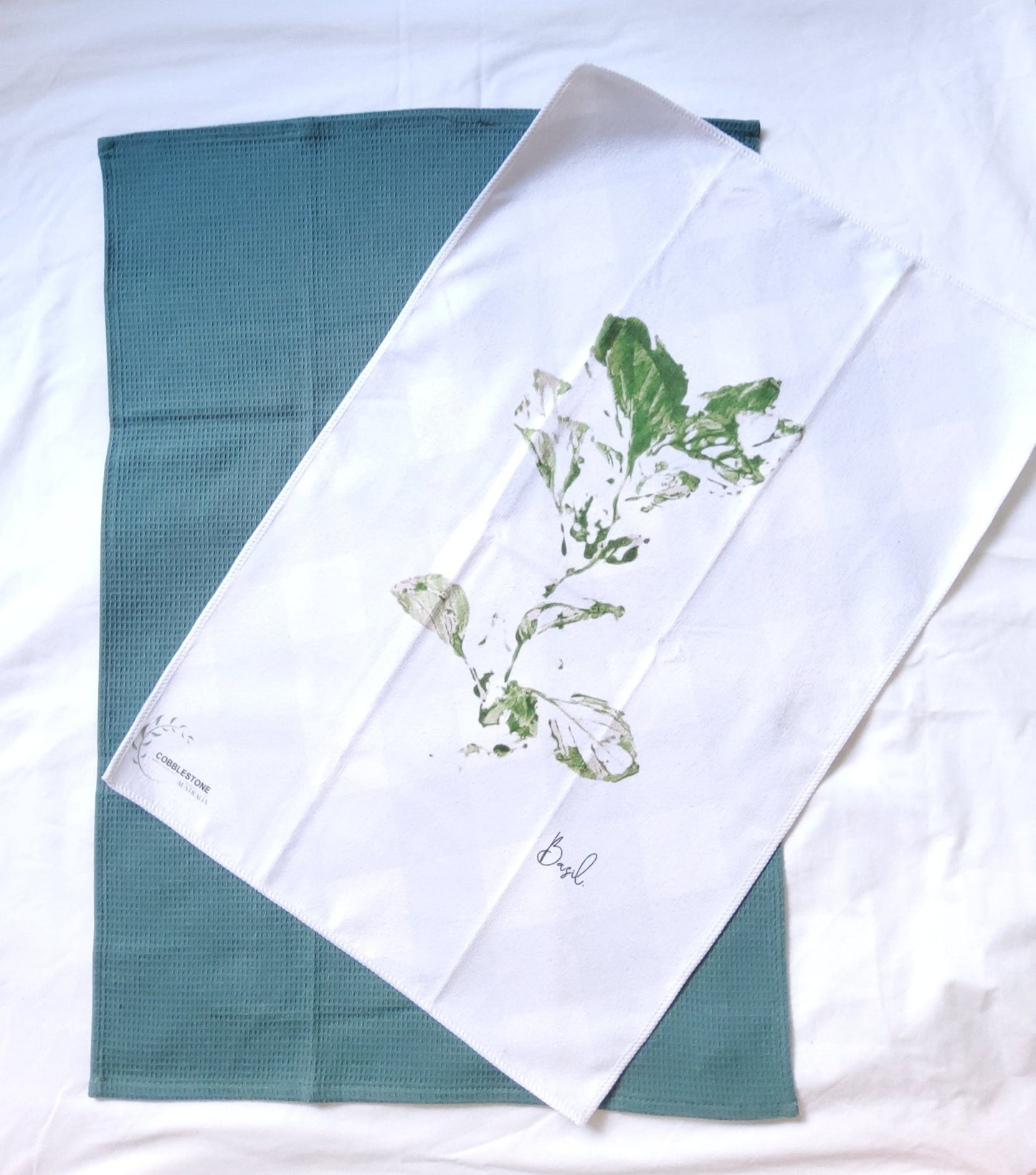 Pale Blue Gingham & Basil Pattern Microfibre & Green Waffle Tea Towel Set 40x60cm - Cobblestone Australia