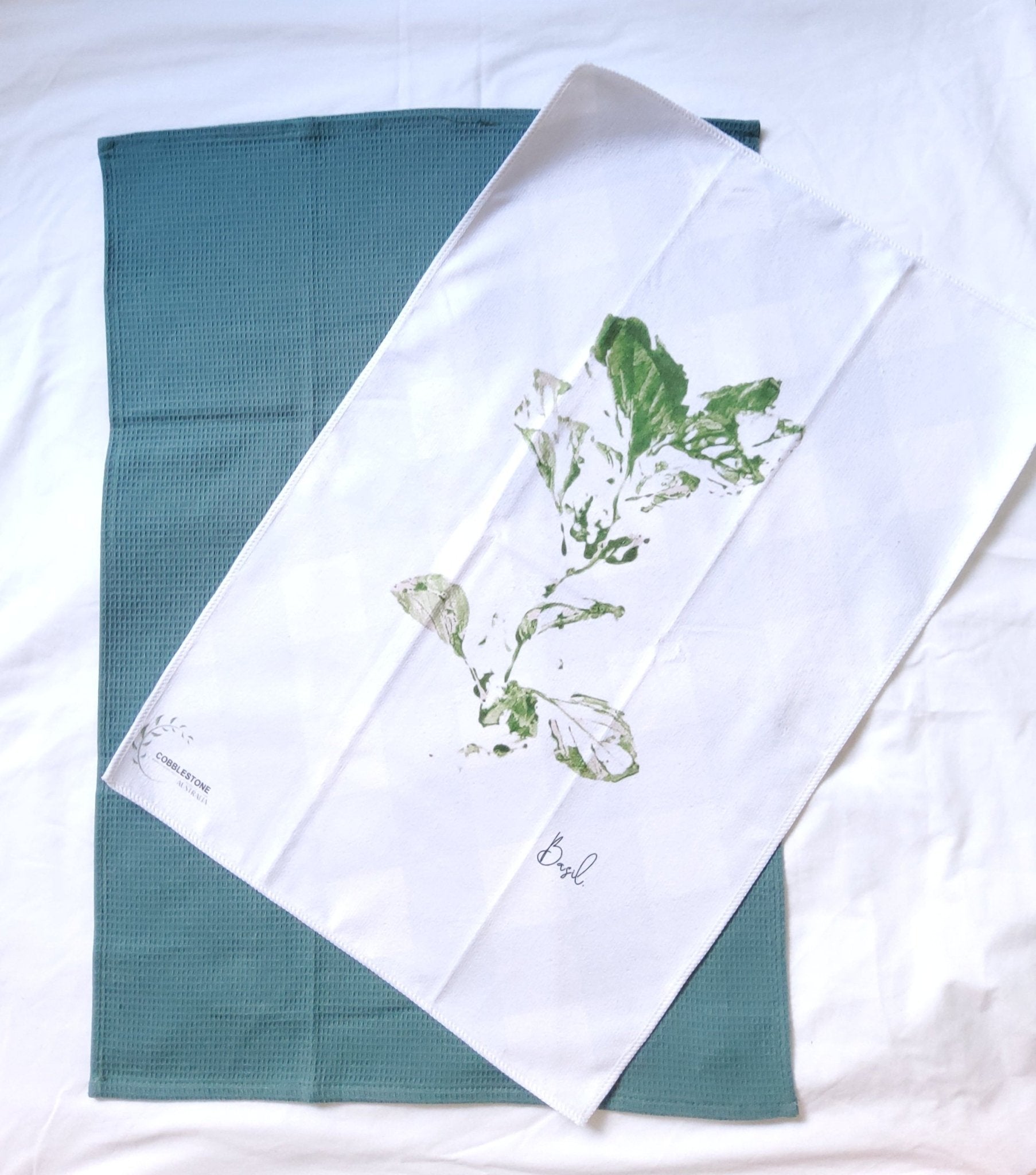 Pale Blue Gingham & Basil Pattern Microfibre & Green Waffle Tea Towel Set 40x60cm - Cobblestone Australia