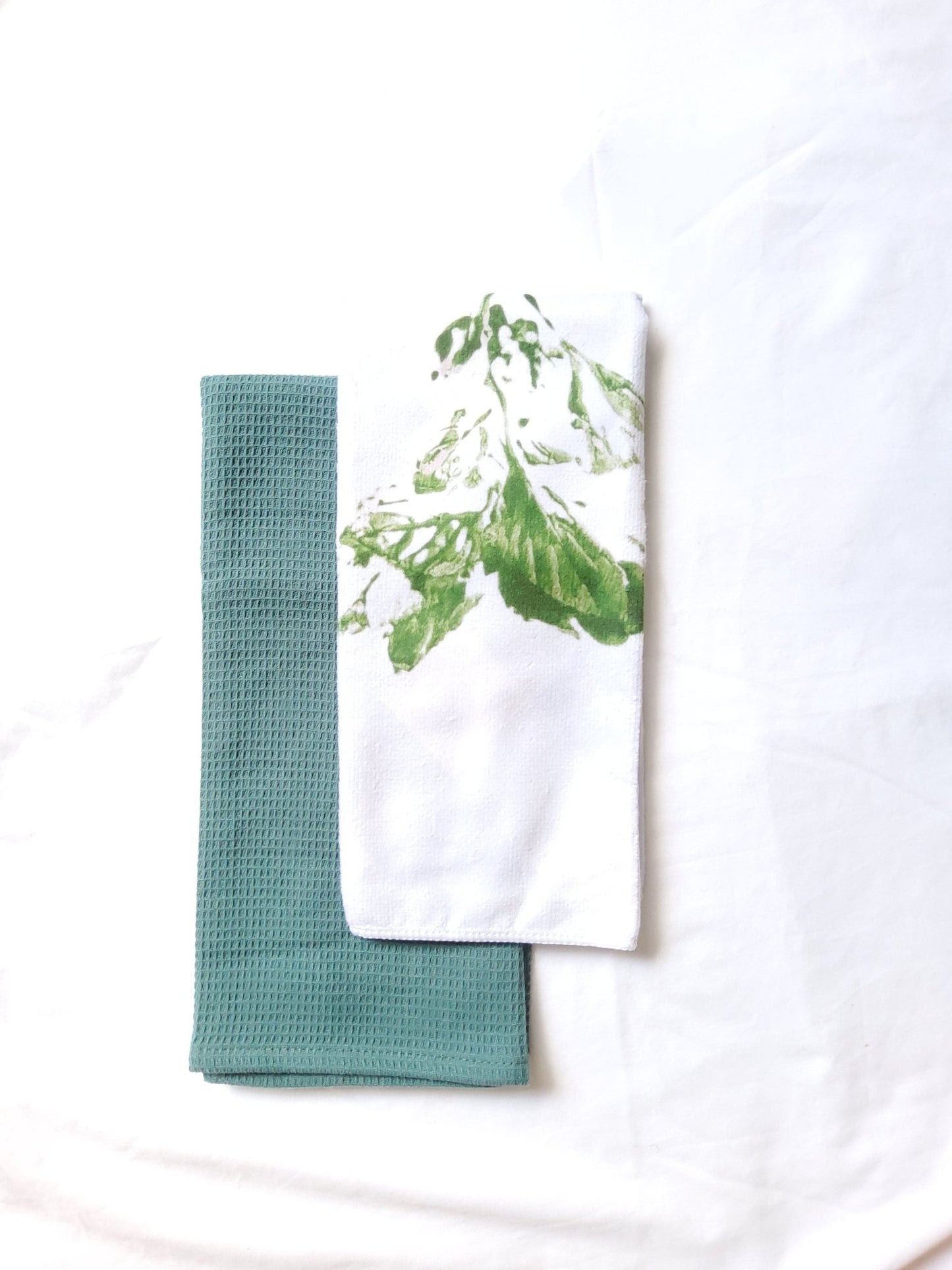 Pale Blue Gingham & Basil Pattern Microfibre & Green Waffle Tea Towel Set 40x60cm - Cobblestone Australia