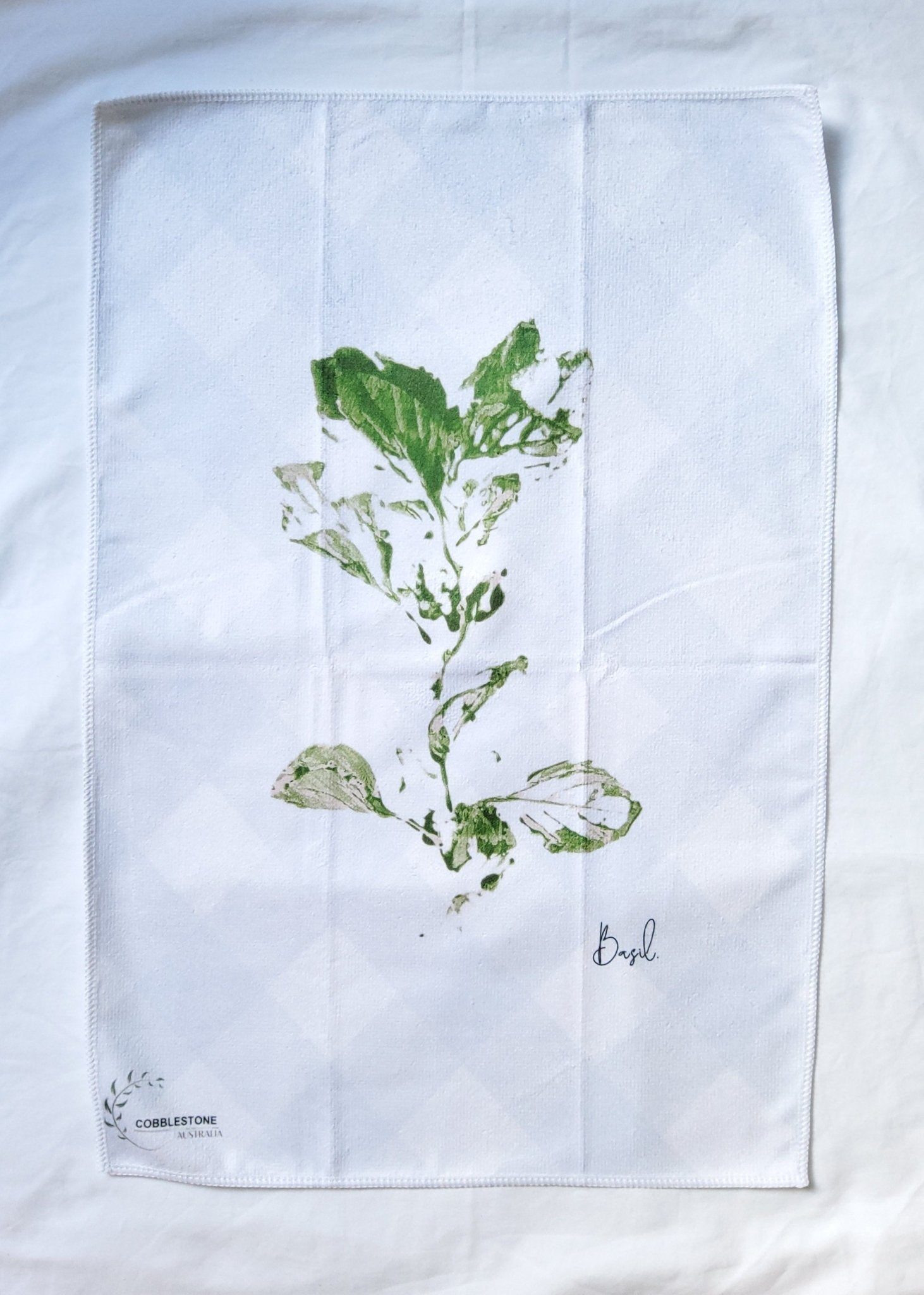 Pale Blue Gingham & Basil Pattern Microfibre & Green Waffle Tea Towel Set 40x60cm - Cobblestone Australia