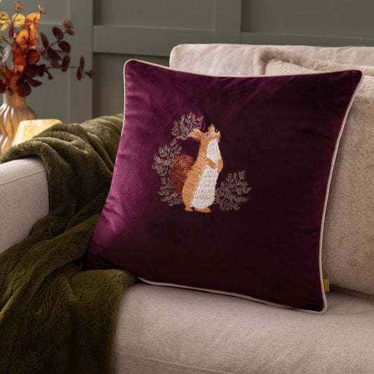Plum Pineberry Forest Embroidered Velvet Look Cushion Cover: 45 x 45cm - Cobblestone Australia