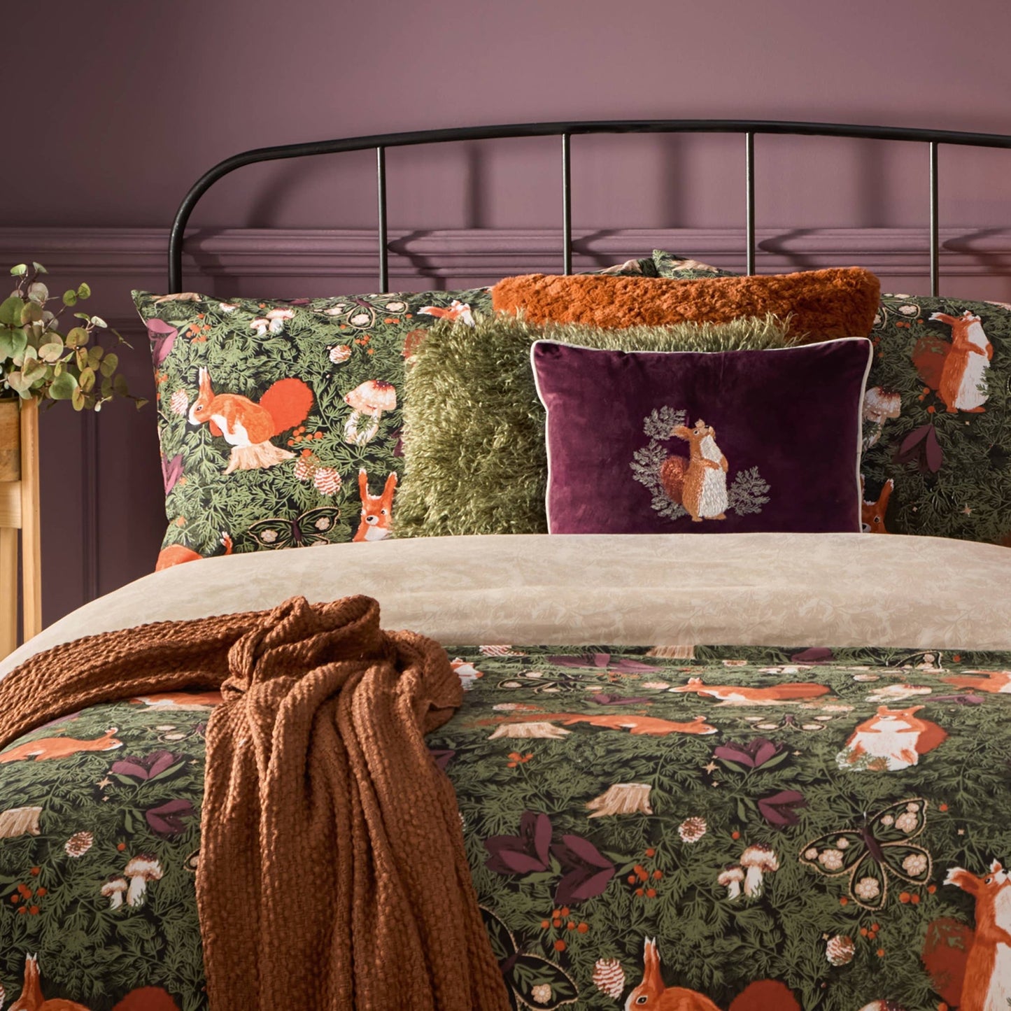Plum Pineberry Forest Embroidered Velvet Look Cushion Cover: 45 x 45cm - Cobblestone Australia