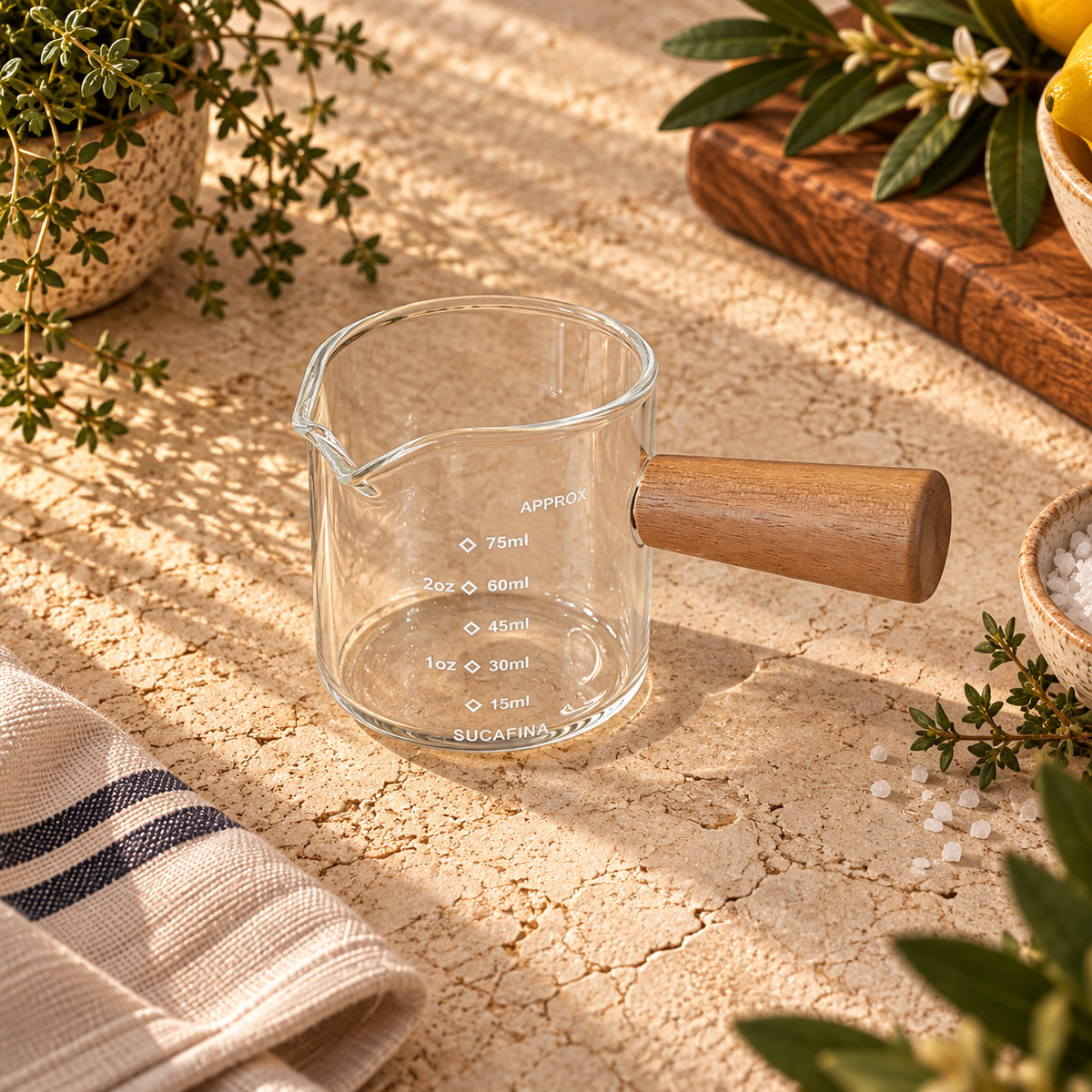 The Homestead Glass Small Measuring Cup with Timber Handle ~ 75ml Cobblestone Australia