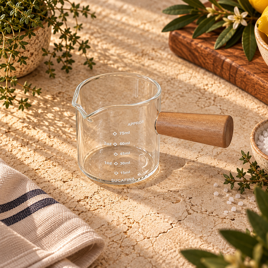 The Homestead Glass Small Measuring Cup with Timber Handle ~ 75ml Cobblestone Australia
