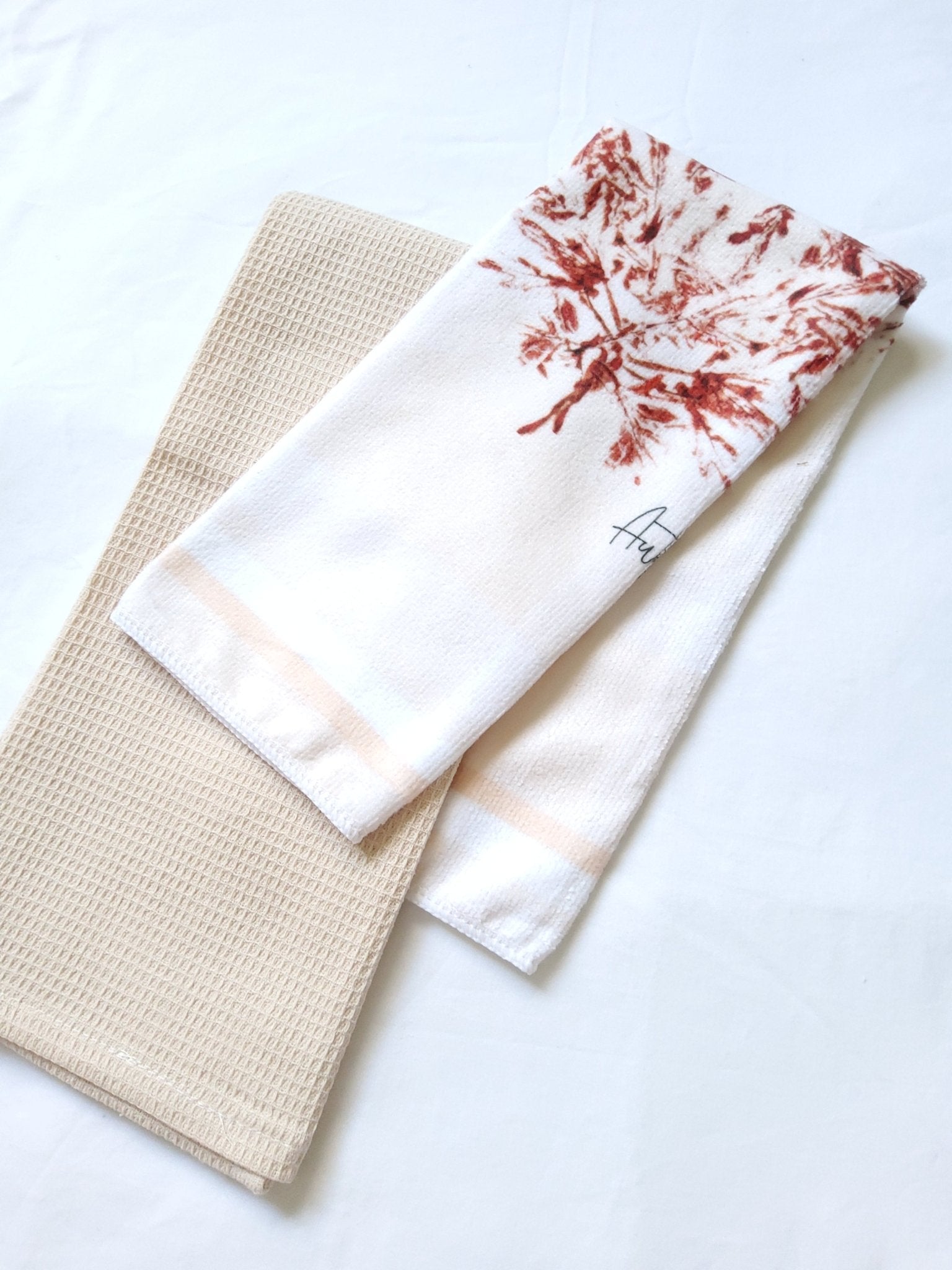 Soft Apricot Gingham & Autumn Maple Leaf Pattern Microfibre & Cream Waffle Tea Towel Set 40x60cm - Cobblestone Australia