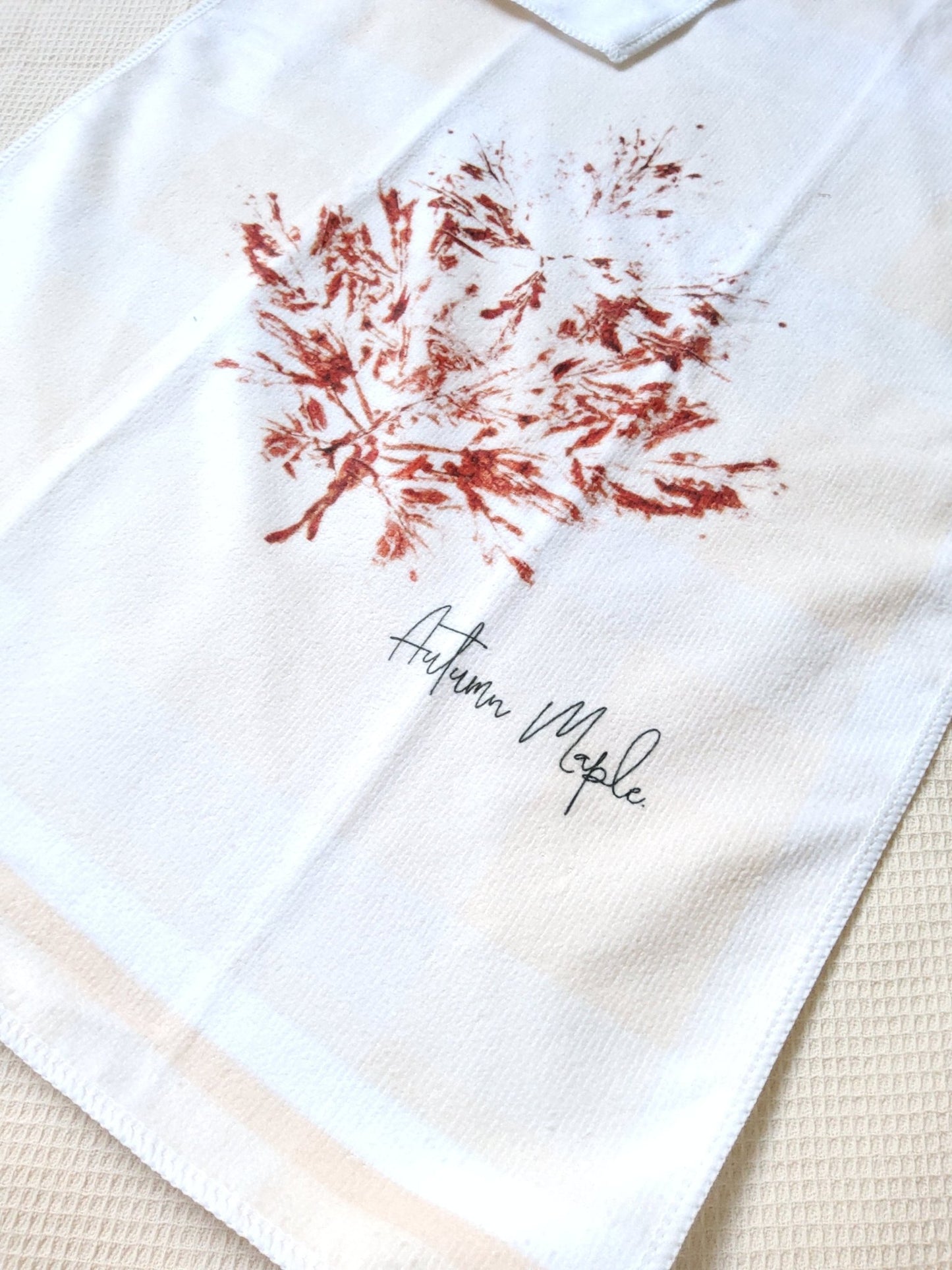 Soft Apricot Gingham & Autumn Maple Leaf Pattern Microfibre & Cream Waffle Tea Towel Set 40x60cm - Cobblestone Australia