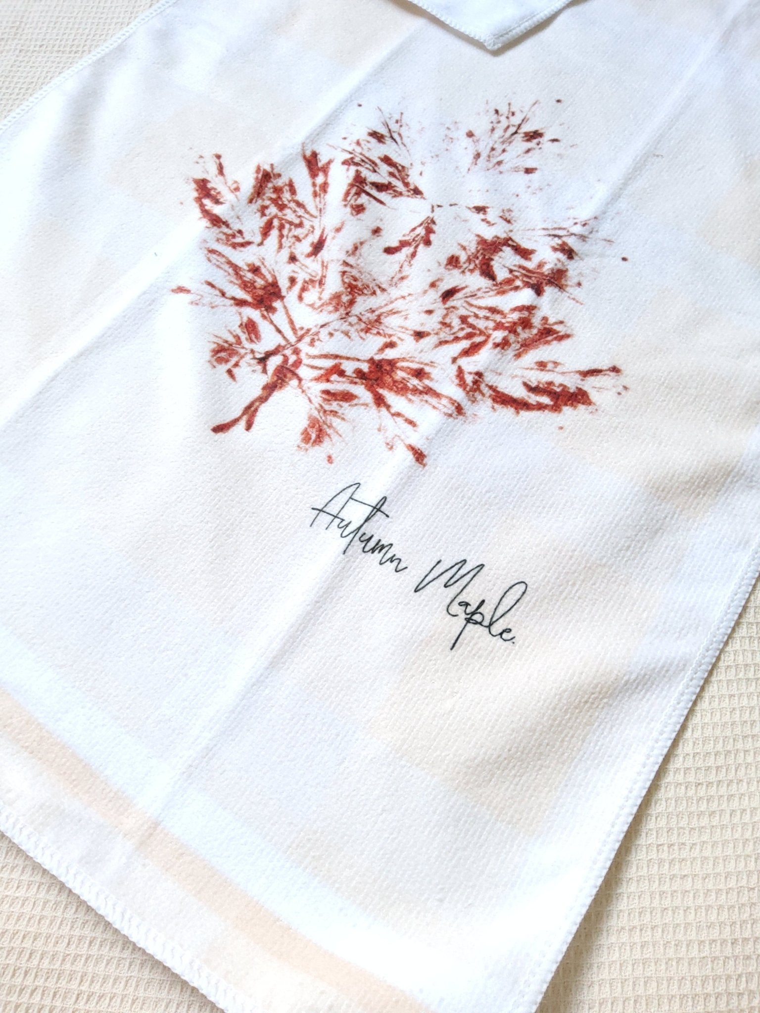Soft Apricot Gingham & Autumn Maple Leaf Pattern Microfibre & Cream Waffle Tea Towel Set 40x60cm - Cobblestone Australia