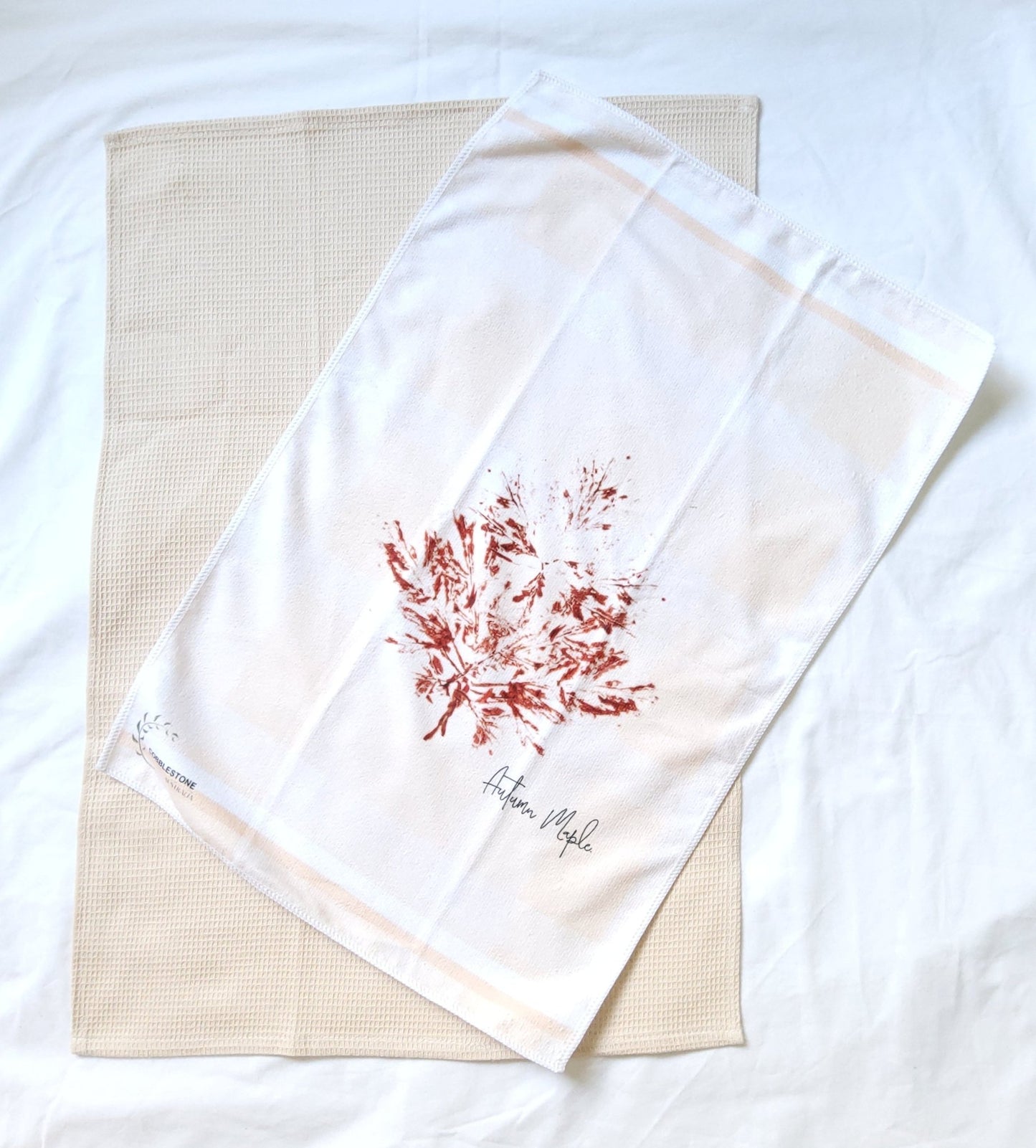 Soft Apricot Gingham & Autumn Maple Leaf Pattern Microfibre & Cream Waffle Tea Towel Set 40x60cm - Cobblestone Australia