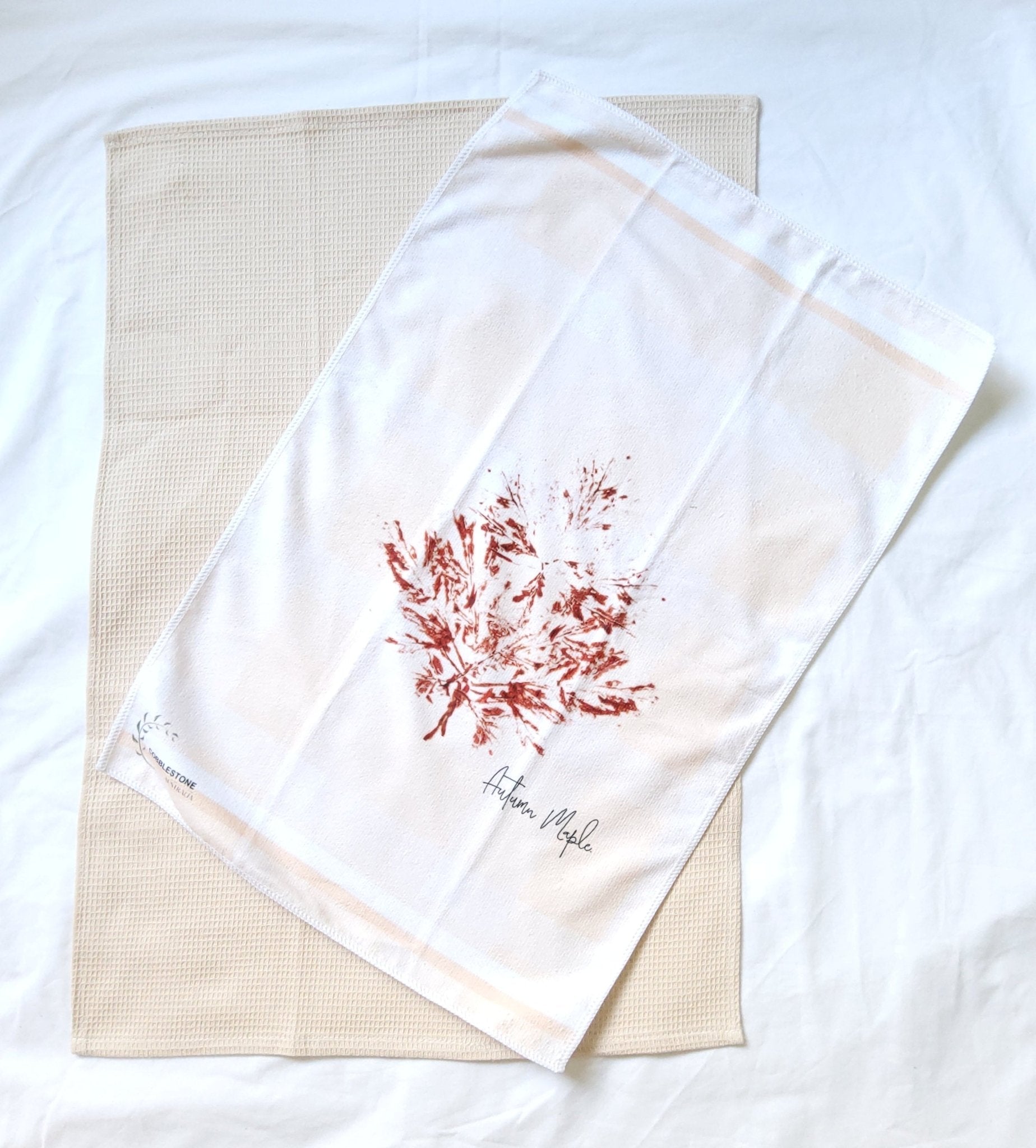 Soft Apricot Gingham & Autumn Maple Leaf Pattern Microfibre & Cream Waffle Tea Towel Set 40x60cm - Cobblestone Australia