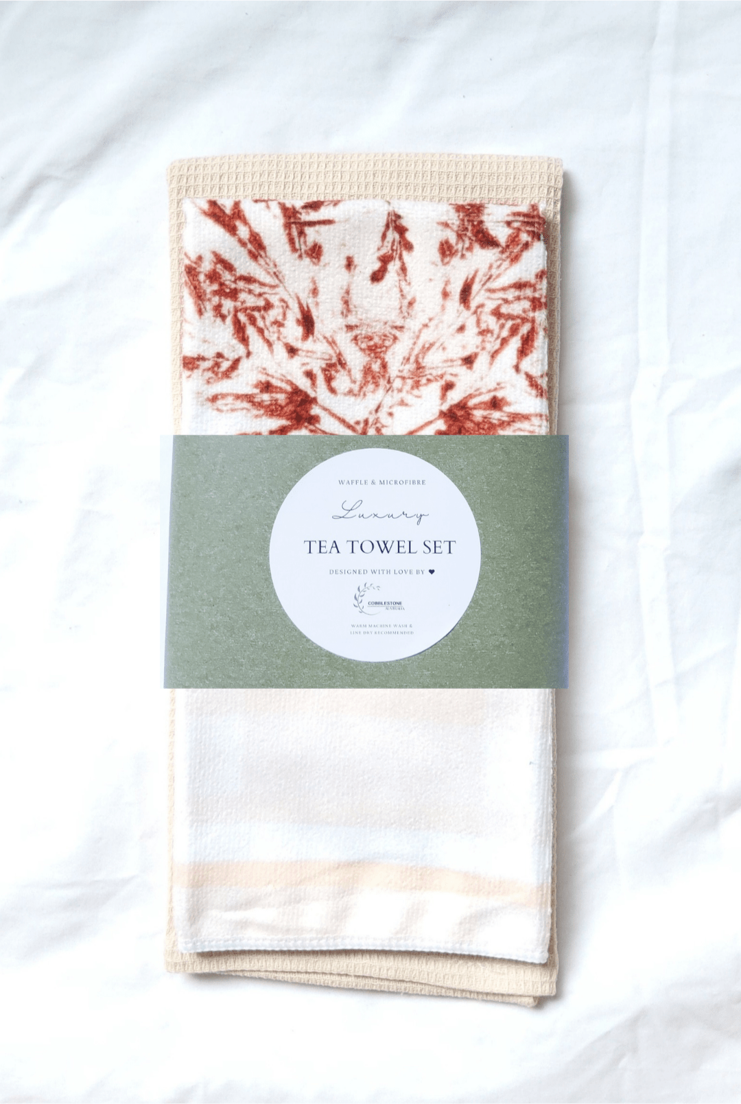 Soft Apricot Gingham & Autumn Maple Leaf Pattern Microfibre & Cream Waffle Tea Towel Set 40x60cm - Cobblestone Australia