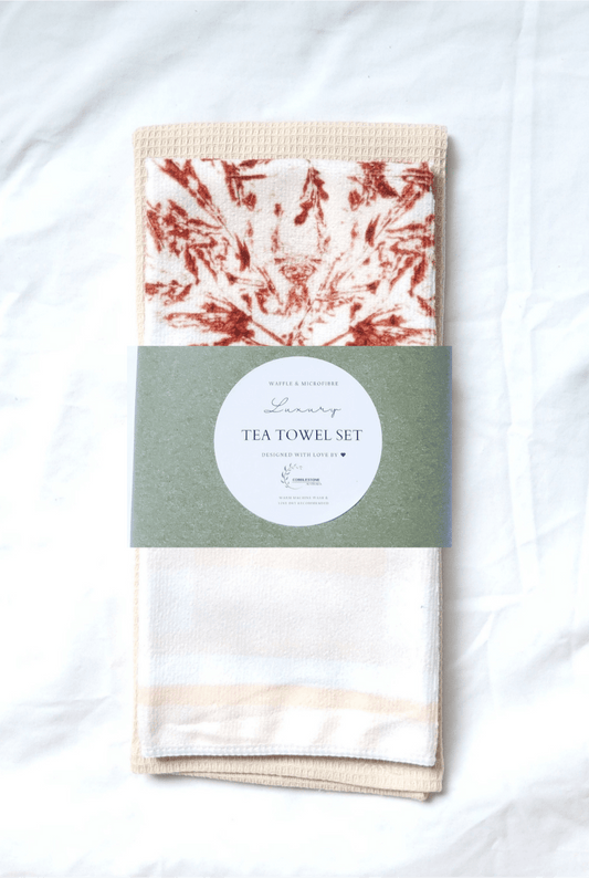 Soft Apricot Gingham & Autumn Maple Leaf Pattern Microfibre & Cream Waffle Tea Towel Set 40x60cm - Cobblestone Australia