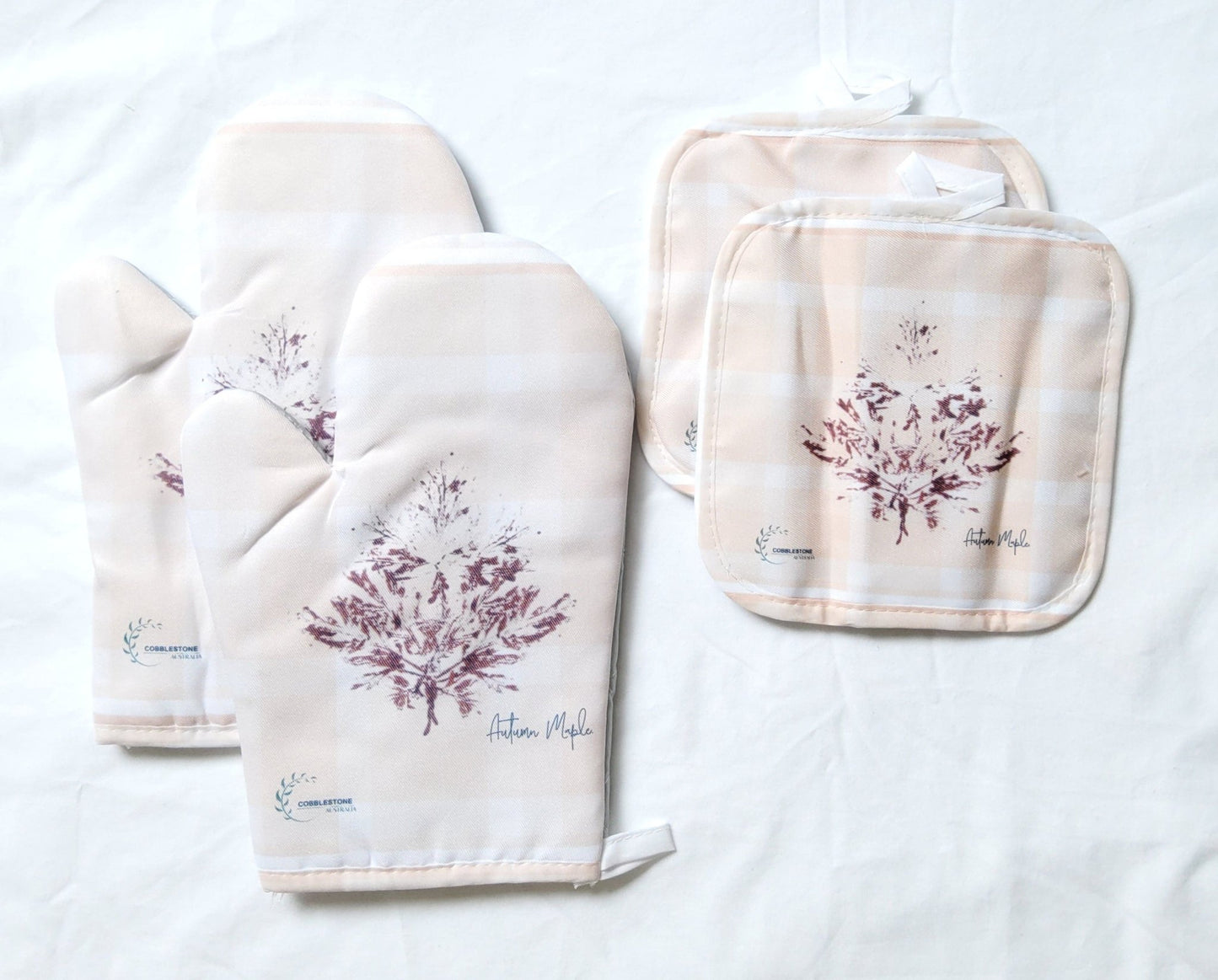 Soft Apricot Gingham & Autumn Maple Leaf Pattern Oven Mitt & Pot Holder Set - Cobblestone Australia