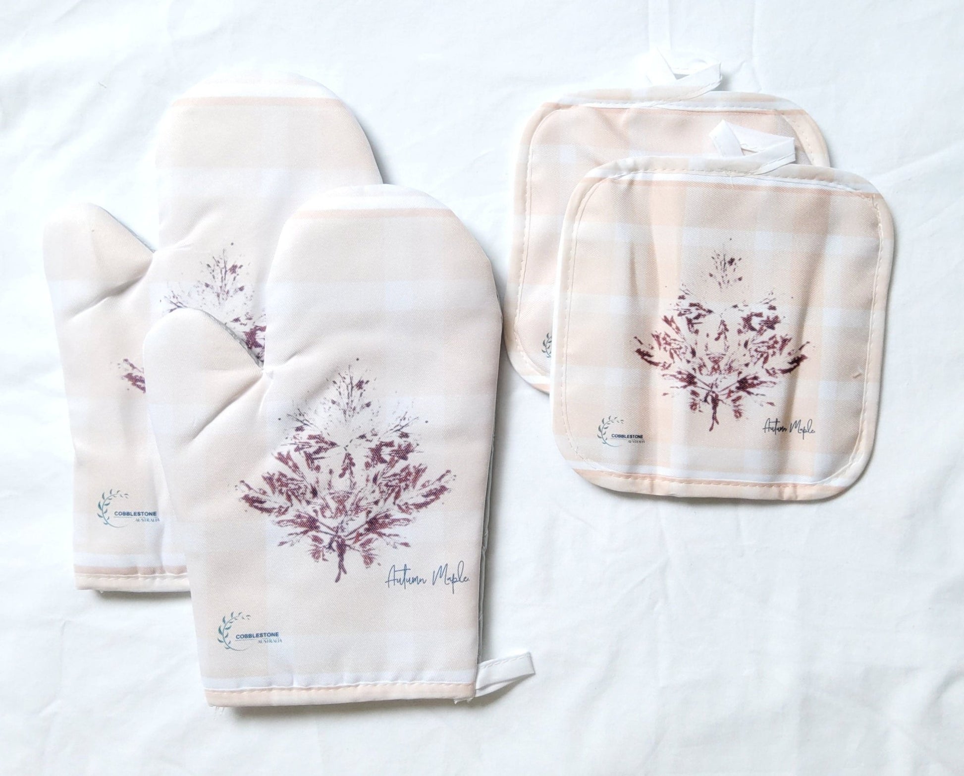Soft Apricot Gingham & Autumn Maple Leaf Pattern Oven Mitt & Pot Holder Set - Cobblestone Australia
